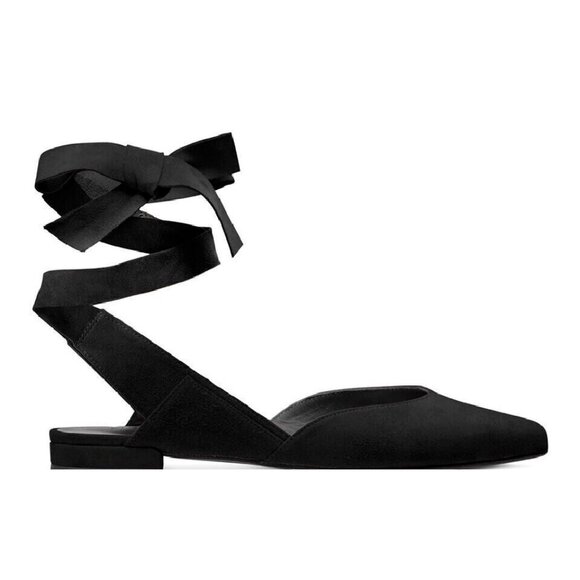 Stuart Weitzman Women's Size 8.5 Black Suede Supersonic Ankle Wrap Ballet Flat - Picture 2 of 10